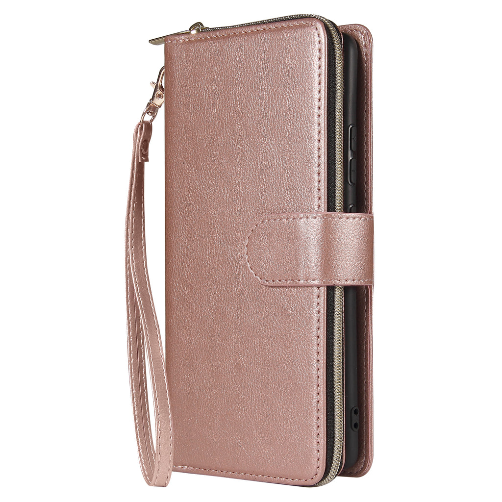 For Samsung A51 5G/A71 5G/Note 10 pro Pu Leather  Mobile Phone Cover Zipper Card Bag + Wrist Strap Rose gold
