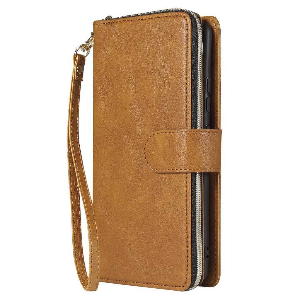 For Samsung A51 5G/A71 5G/Note 10 pro Pu Leather  Mobile Phone Cover Zipper Card Bag + Wrist Strap brown