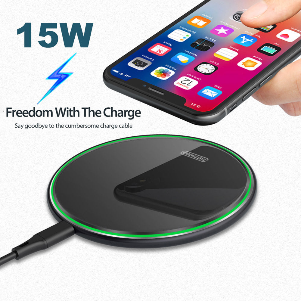 QI Wireless Charger for Apple Android 15W Fast Charging Technology Aluminum Alloy Mirror-like Shiny Ultra-thin Protable black