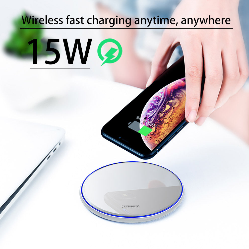 QI Wireless Charger for Apple Android 15W Fast Charging Technology Aluminum Alloy Mirror-like Shiny Ultra-thin Protable white