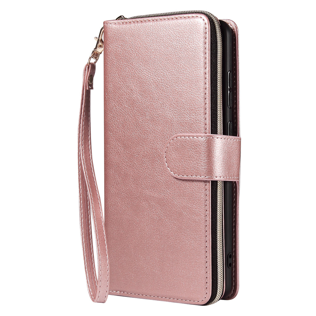 For Samsung S10/S20/S10E/ S10 Plus Pu Leather Mobile Phone Cover Zipper Card Bag + Wrist Strap Rose gold