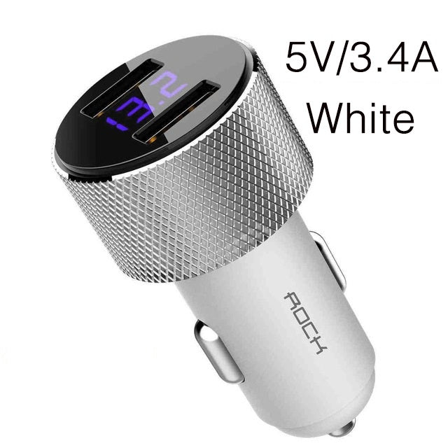 ROCK Mini Dual USB Car Charger LED Display Universal 3.4A Mobile Phone Tablet Fast Charging Usb Charger for Car 2 Usb Adapter white