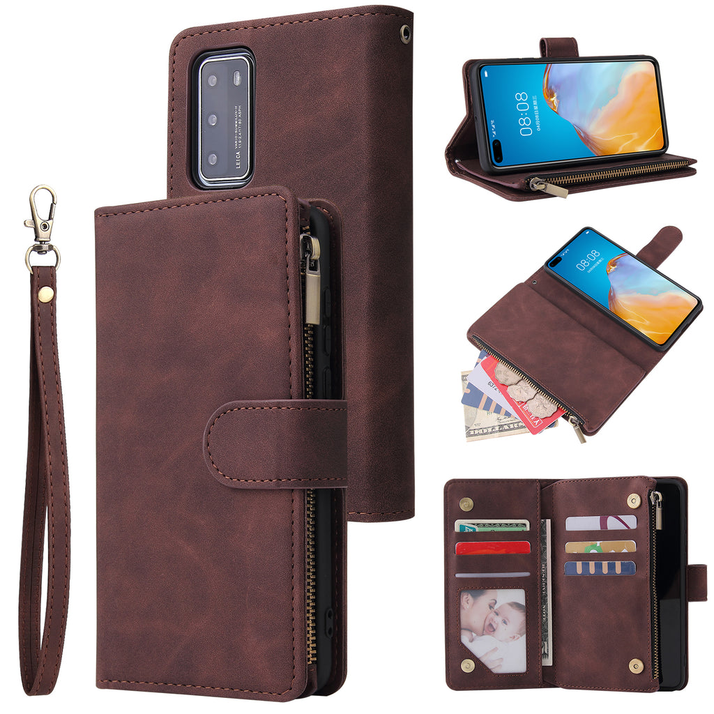 For HUAWEI P40 Case Smartphone Shell Wallet Design Zipper Closure Overall Protection Cellphone Cover 3 brown