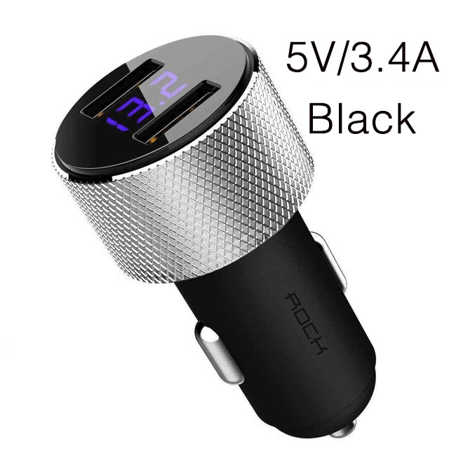 ROCK Mini Dual USB Car Charger LED Display Universal 3.4A Mobile Phone Tablet Fast Charging Usb Charger for Car 2 Usb Adapter black