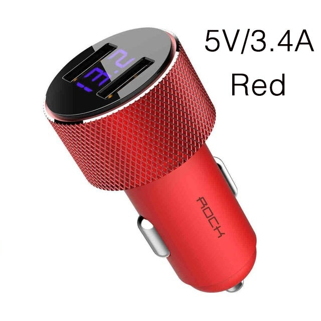 ROCK Mini Dual USB Car Charger LED Display Universal 3.4A Mobile Phone Tablet Fast Charging Usb Charger for Car 2 Usb Adapter red