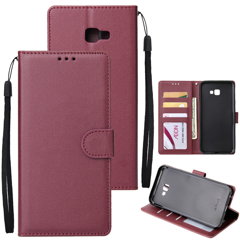 For Samsung J4 plus Flip-type Leather Protective Phone Case with 3 Card Position Buckle Design Phone Cover Red wine