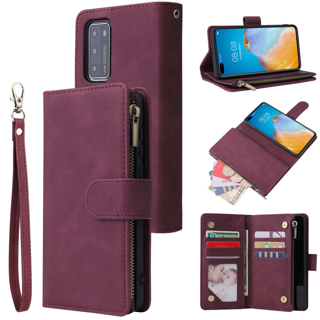 For HUAWEI P40 Case Smartphone Shell Wallet Design Zipper Closure Overall Protection Cellphone Cover 5 wine red