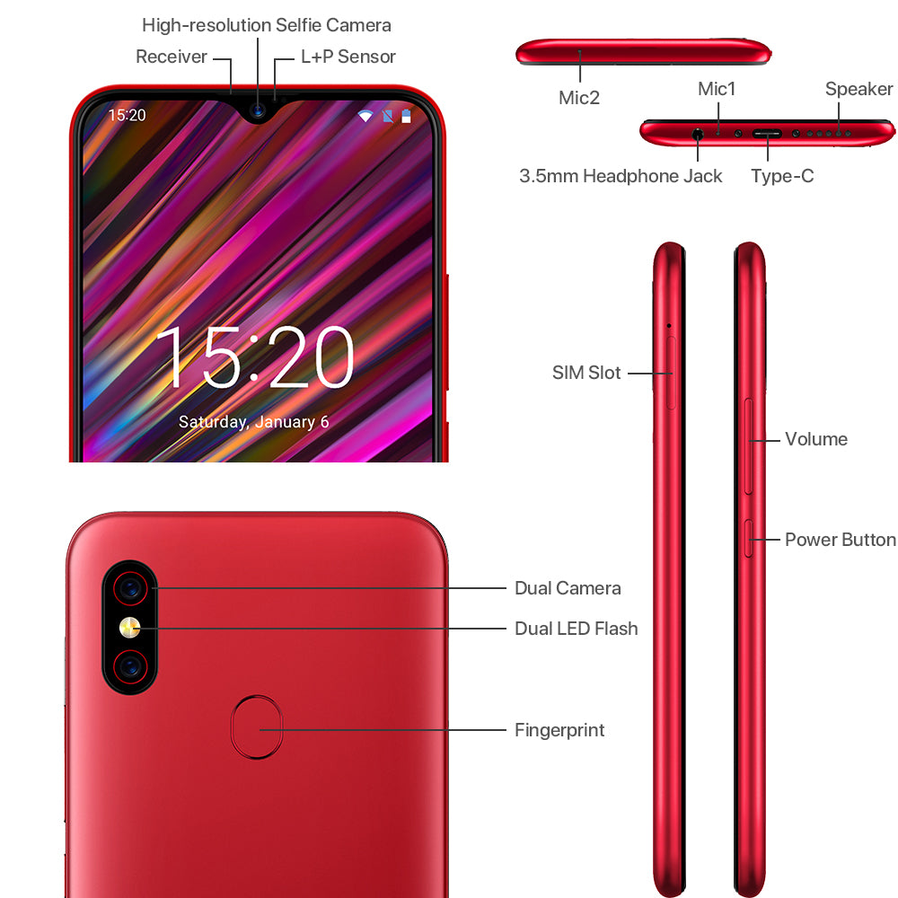 UMIDIGI F1 4G Phablet - 6.3 inch, Android 9.0, Helio P60 Octa Core 2.0GHz, 4GB RAM 128GB ROM - Red,  European Version