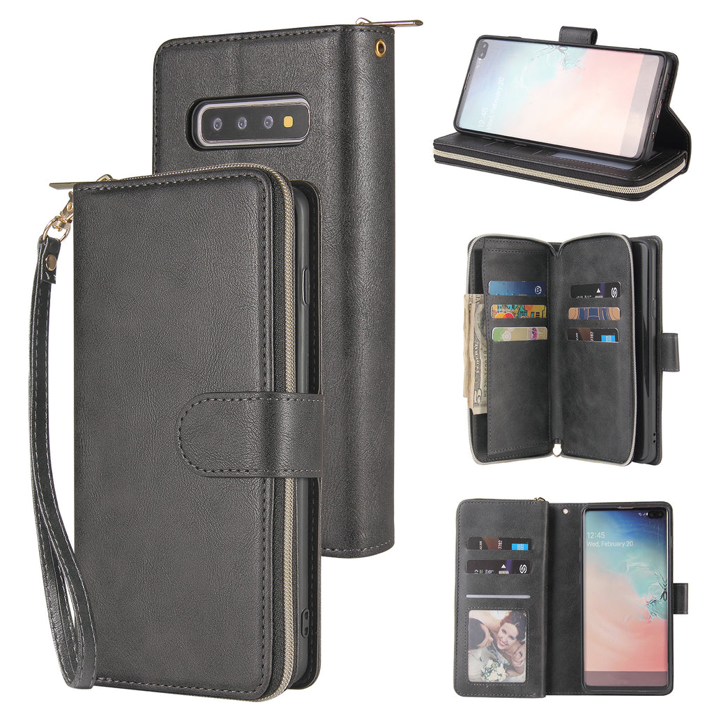 For Samsung S10/S20/S10E/ S10 Plus Pu Leather Mobile Phone Cover Zipper Card Bag + Wrist Strap black