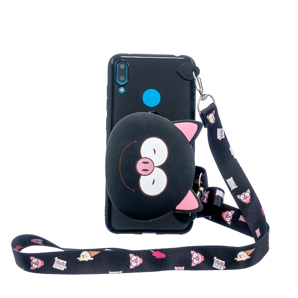 For HUAWEI Y6/Y7 Prime 2019 Cellphone Case Mobile Phone Shell Shockproof TPU Cover with Cartoon Cat Pig Panda Coin Purse Lovely Shoulder Starp Black