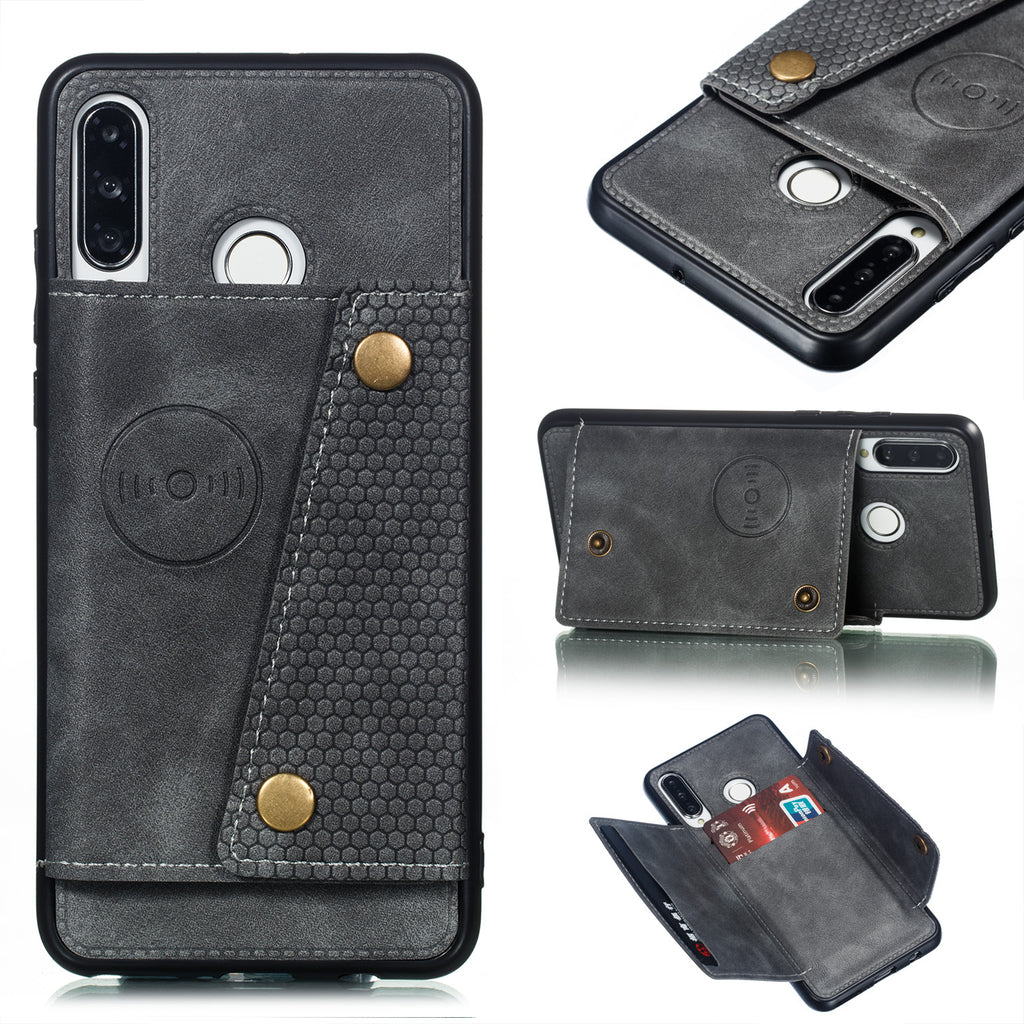 For Huawei P30 lite/nova 4E Double Buckle Non-slip Shockproof Cell Phone Case with Card Slot Bracket gray
