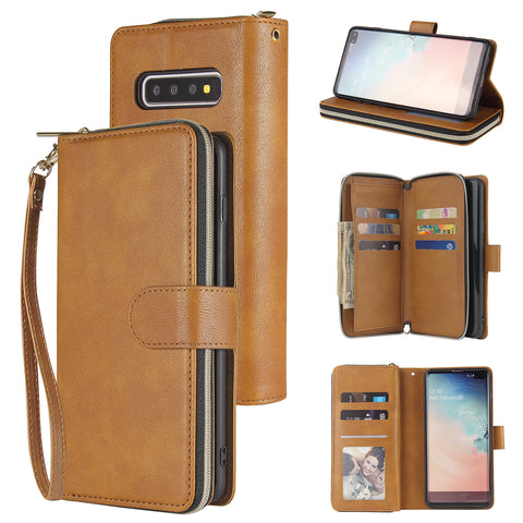 For Samsung S10/S20/S10E/ S10 Plus Pu Leather Mobile Phone Cover Zipper Card Bag + Wrist Strap brown