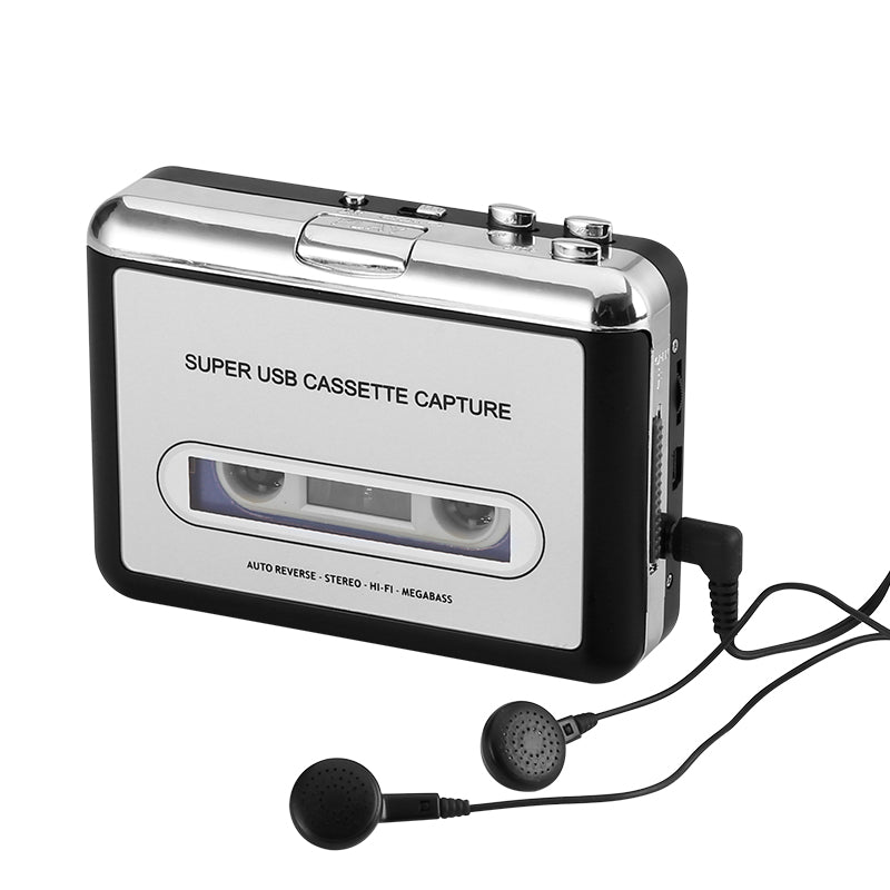 Cassette Tape-to-MP3 Converter - Plug and Play, Win + Mac Compatible, Auto Reverse, Audacity Audio Software