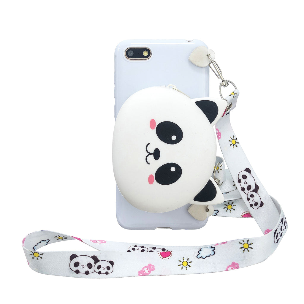 For HUAWEI Y5 2018/Y5 2019 Cellphone Case Mobile Phone Shell Shockproof TPU Cover with Cartoon Cat Pig Panda Coin Purse Lovely Shoulder Starp White