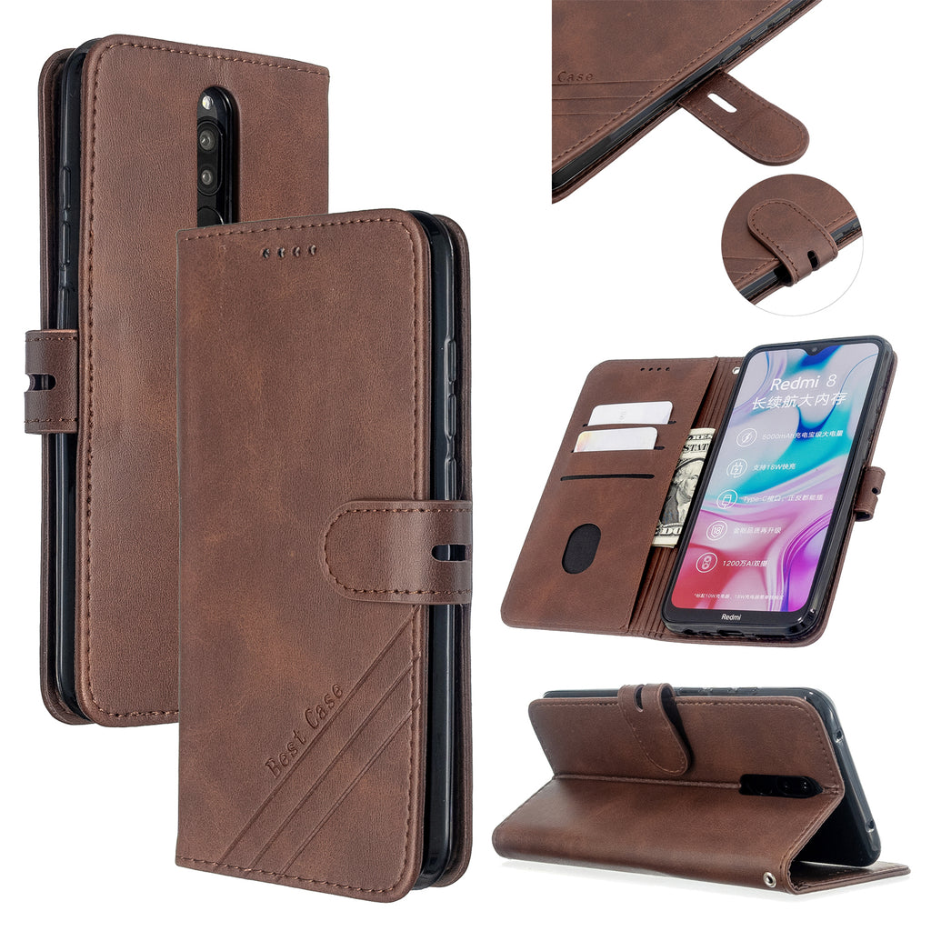 For Redmi Note 8T/Redmi 8/Redmi 8A Case Soft Leather Cover with Denim Texture Precise Cutouts Wallet Design Buckle Closure Smartphone Shell brown