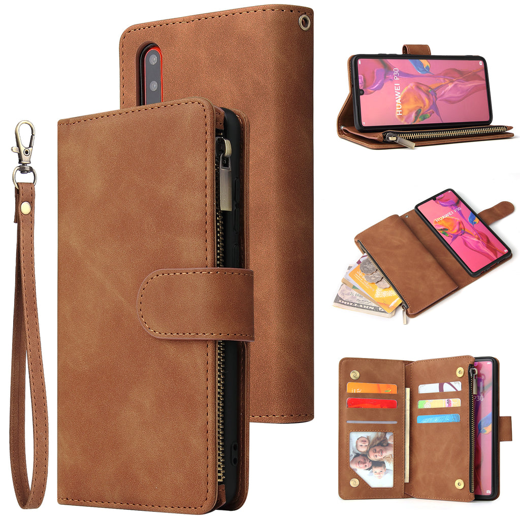 For HUAWEI P30 HUAWEI P30 lite HUAWEI P30 pro Multi-card Bracket Coin Wallet Zipper Mobile Phone PU Leather Phone Case 4 brown