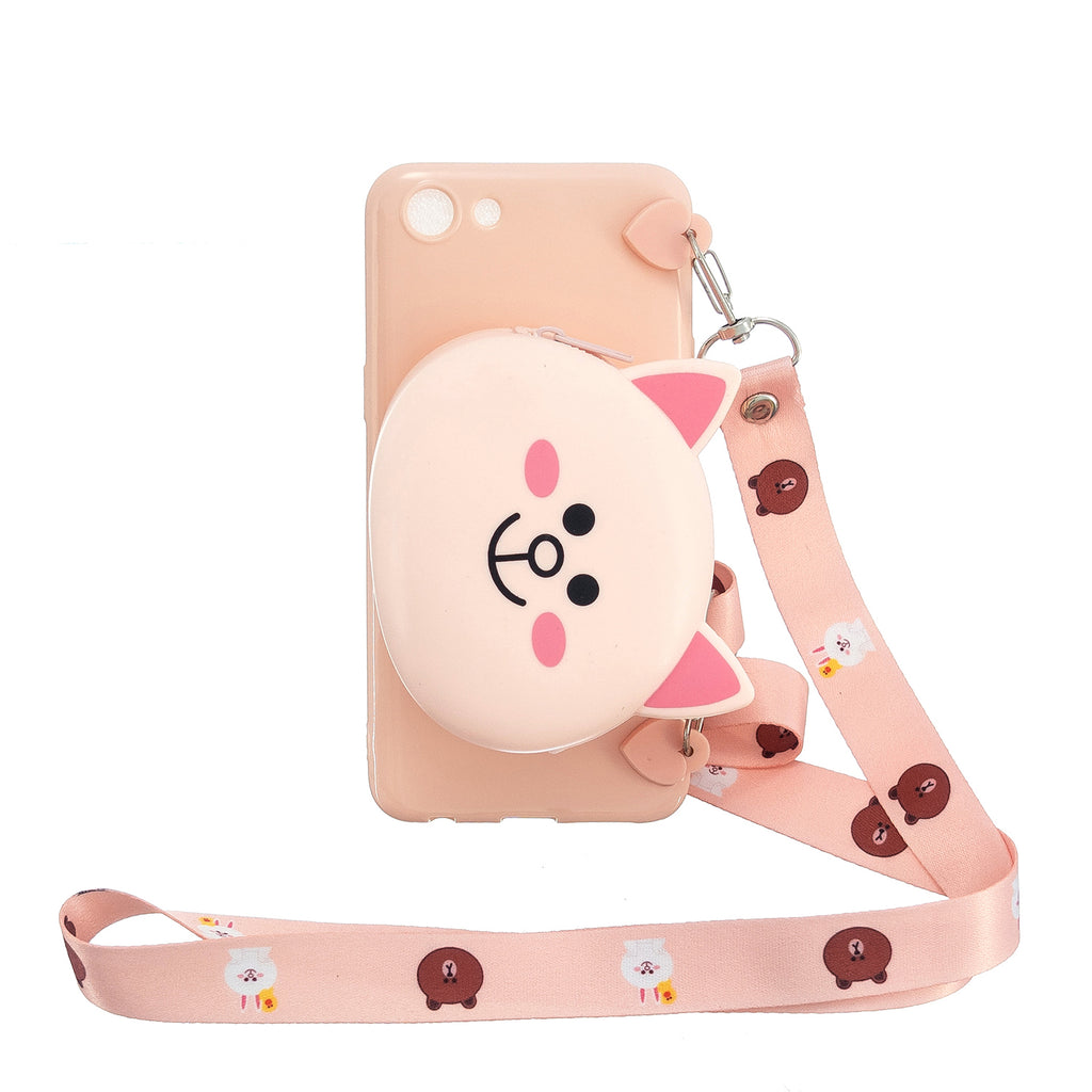 For OPPO A83/A9 2020 Cellphone Case Mobile Phone TPU Shell Shockproof Cover with Cartoon Cat Pig Panda Coin Purse Lovely Shoulder Starp Pink