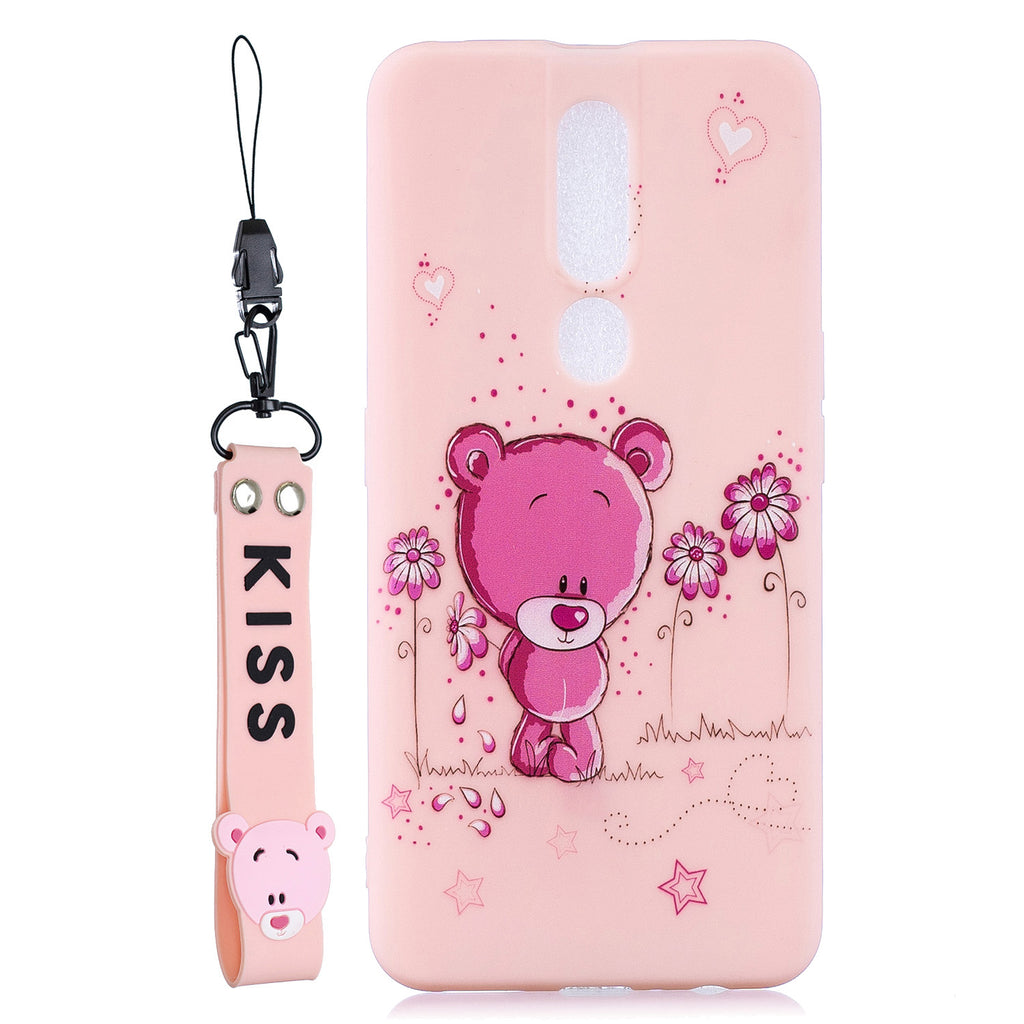For OPPO F11 PRO Cartoon Lovely Coloured Painted Soft TPU Back Cover Non-slip Shockproof Full Protective Case with Lanyard Light pink