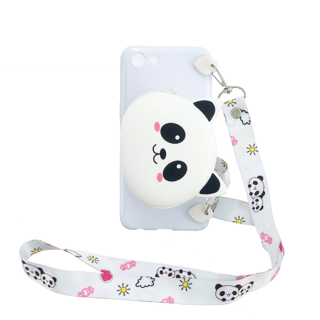 For OPPO A83/A9 2020 Cellphone Case Mobile Phone TPU Shell Shockproof Cover with Cartoon Cat Pig Panda Coin Purse Lovely Shoulder Starp White