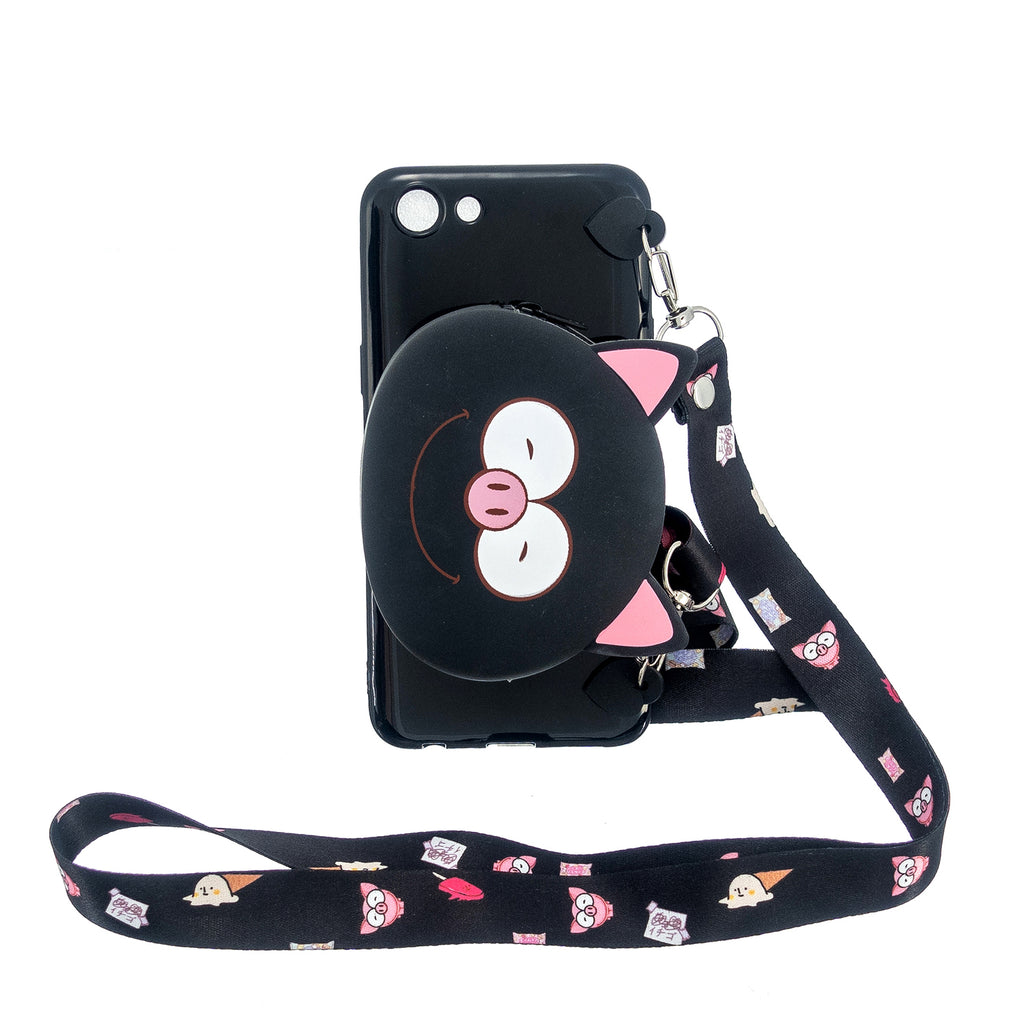 For OPPO A83/A9 2020 Cellphone Case Mobile Phone TPU Shell Shockproof Cover with Cartoon Cat Pig Panda Coin Purse Lovely Shoulder Starp Black