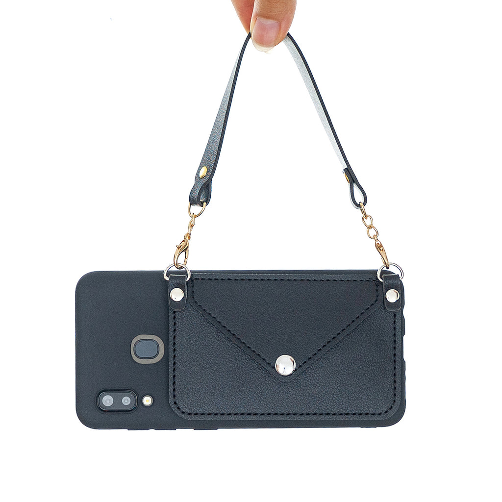 For HUAWEI P20/ P20 Lite/P20 Pro Mobile Phone Cover with Pu Leather Card Holder + Hand Rope + Straddle Rope black