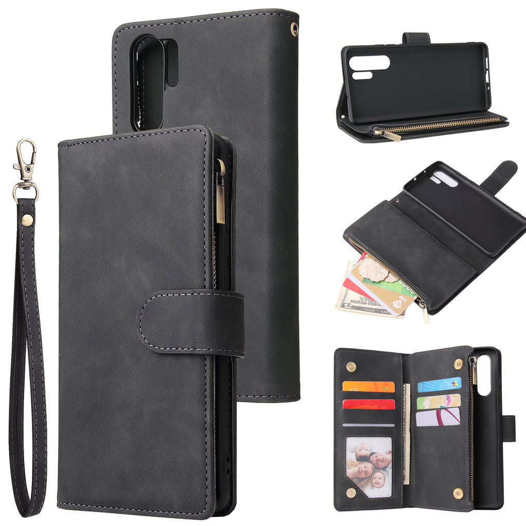 For HUAWEI P30 HUAWEI P30 lite HUAWEI P30 pro Multi-card Bracket Coin Wallet Zipper Mobile Phone PU Leather Phone Case 1 black