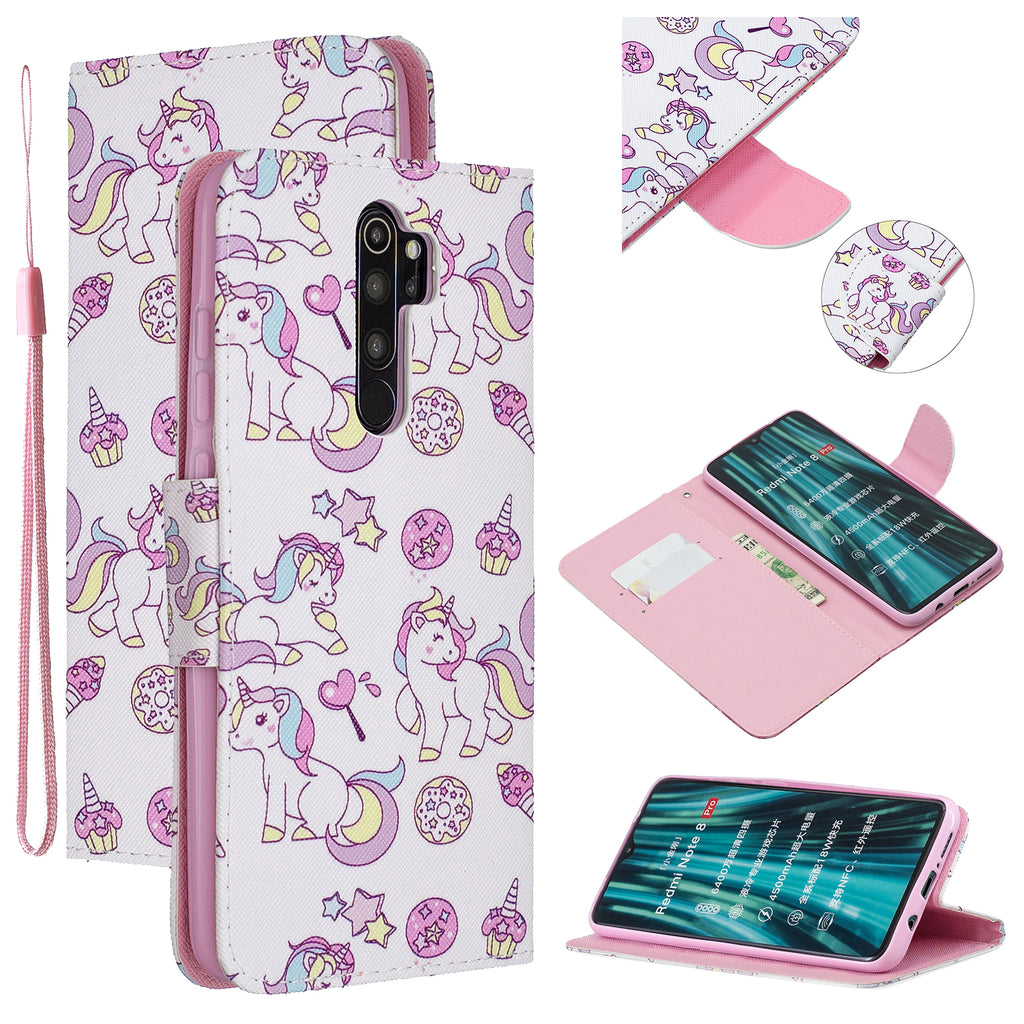 For Redmi Note 8/8 Pro Cellphone Cover Stand Function Wallet Design PU Leather Smartphone Shell Elegant Pattern Printed Ice cream unicorn