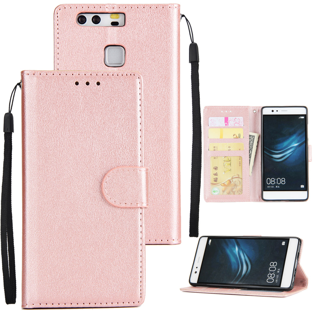 For Huawei P9 plus PU Leather Smart Phone Case Protective Cover with Buckle & 3 Card Position Rose gold