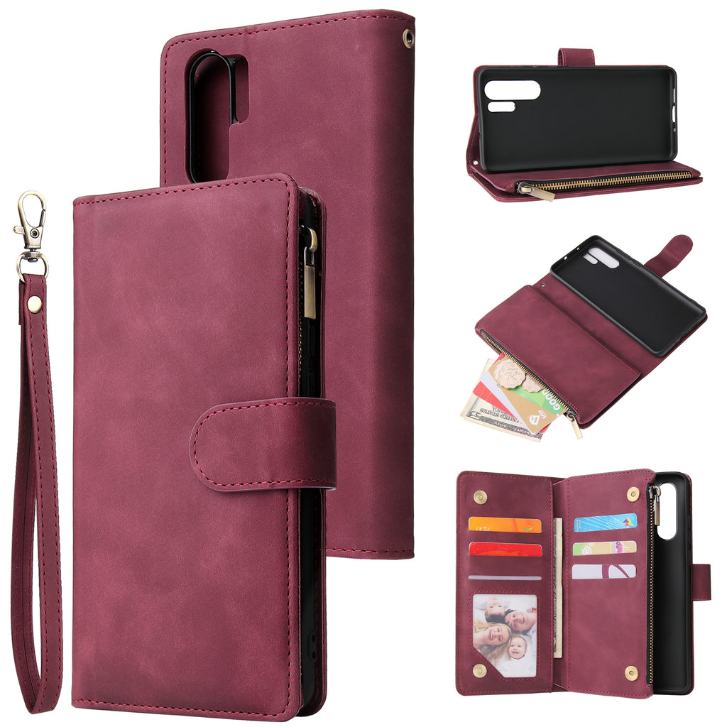 For HUAWEI P30 HUAWEI P30 lite HUAWEI P30 pro Multi-card Bracket Coin Wallet Zipper Mobile Phone PU Leather Phone Case 5 wine red