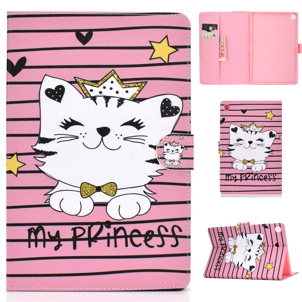 For Samsung T510/T515 Laptop Protective Case with Front Snap Cute Cartoon Color Painted Smart Stay PU Cover Crown cat