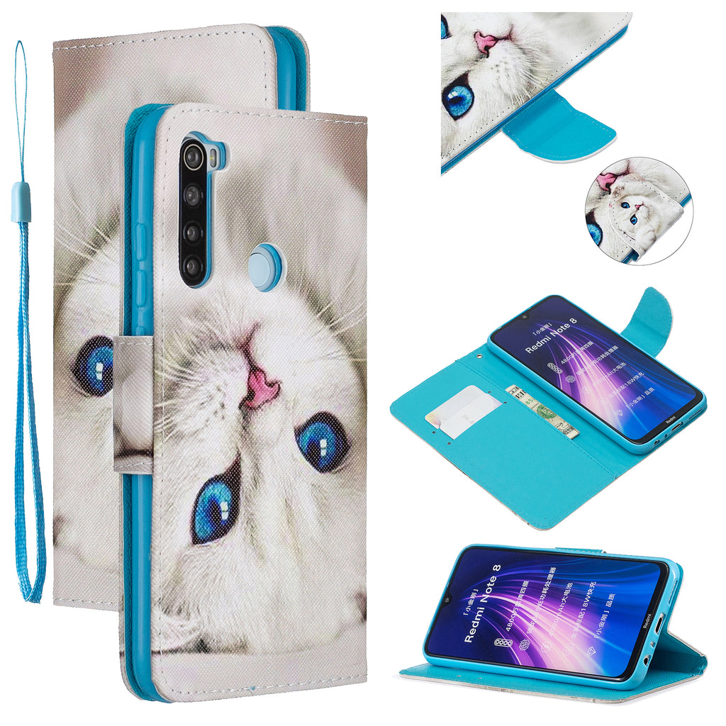 For Redmi Note 8/8 Pro Cellphone Cover Stand Function Wallet Design PU Leather Smartphone Shell Elegant Pattern Printed Blue eyes cat