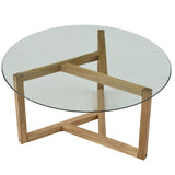 Round Glass Coffee Table for Living Room with Tempered Glass Top & Sturdy Wood Base (Oak) AL