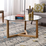 Round Glass Coffee Table for Living Room with Tempered Glass Top & Sturdy Wood Base (Oak) AL