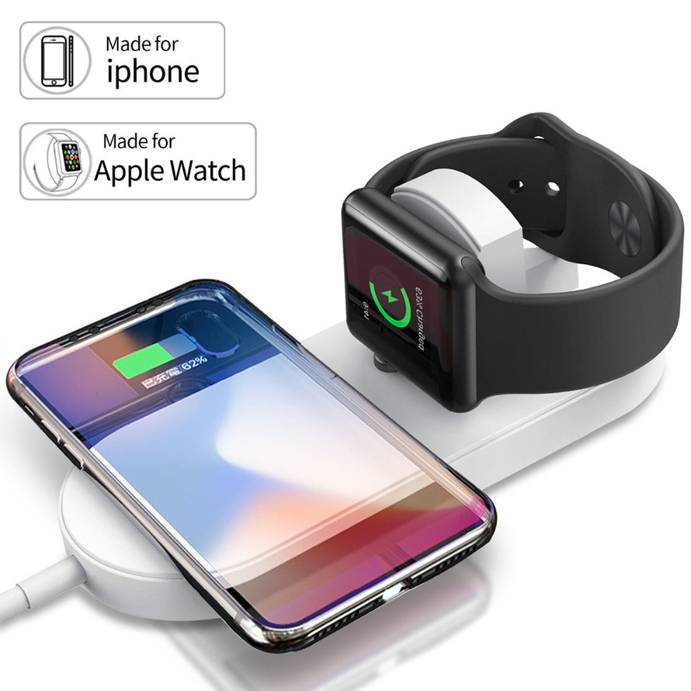 Fashion 2 in 1 Fast Wireless USB Pad Phone Adapter Qi Wireless Charger Fast Charging for Apple Watch 3 iPhone X 8 Plus white