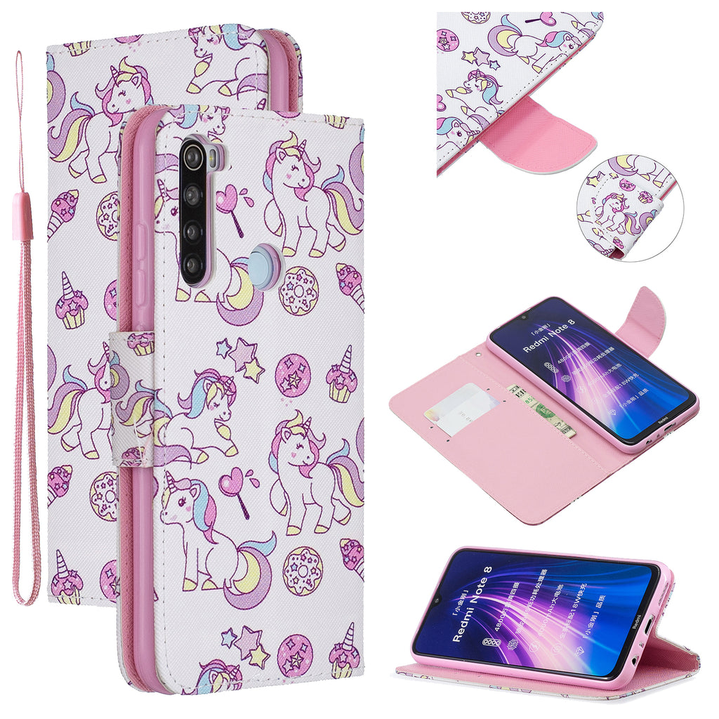 For Redmi Note 8/8 Pro Cellphone Cover Stand Function Wallet Design PU Leather Smartphone Shell Elegant Pattern Printed Ice cream unicorn