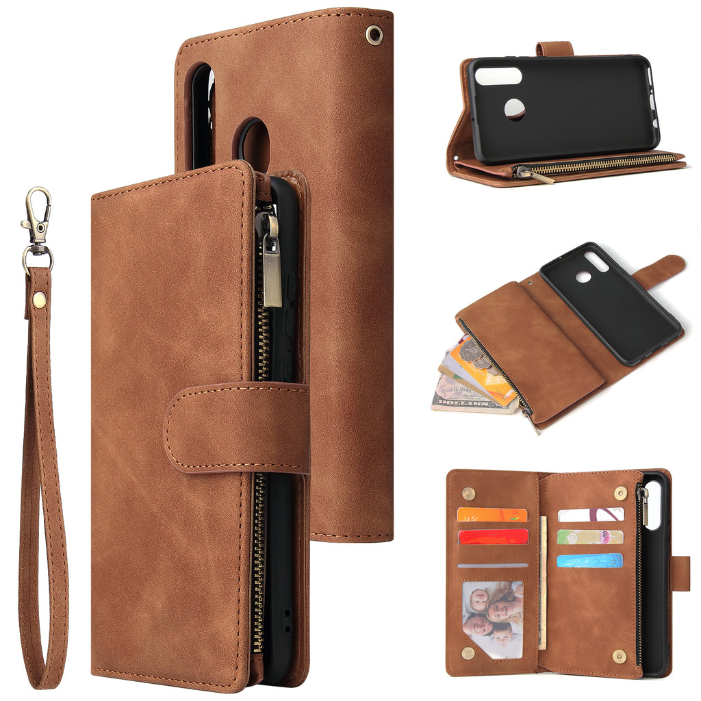For HUAWEI P30 HUAWEI P30 lite HUAWEI P30 pro Multi-card Bracket Coin Wallet Zipper Mobile Phone PU Leather Phone Case 4 brown