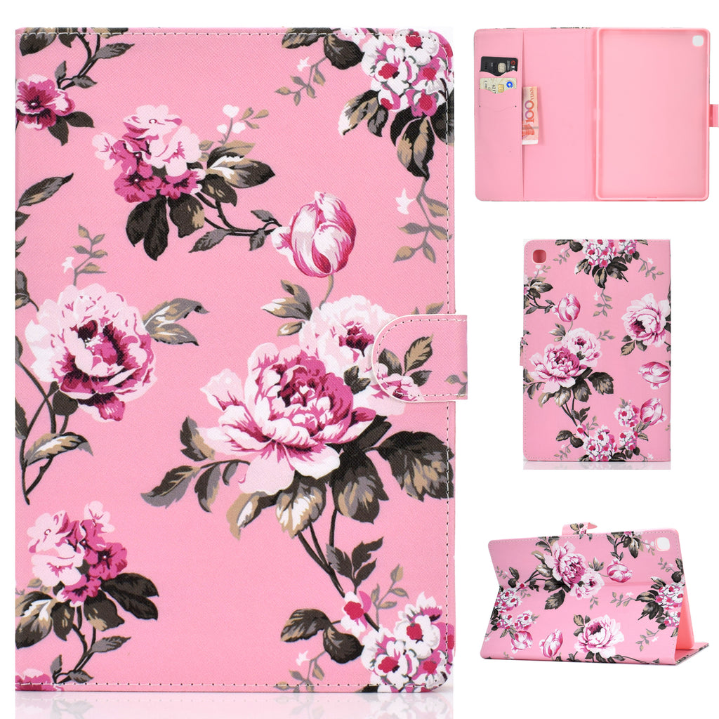 For Samsung T510/T515 Laptop Protective Case with Front Snap Cute Cartoon Color Painted Smart Stay PU Cover Pink flower