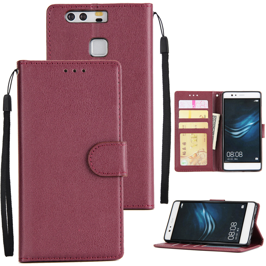 For Huawei P9 plus PU Leather Smart Phone Case Protective Cover with Buckle & 3 Card Position wine red