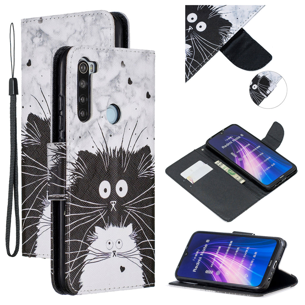 For Redmi Note 8/8 Pro Cellphone Cover Stand Function Wallet Design PU Leather Smartphone Shell Elegant Pattern Printed Black white cat