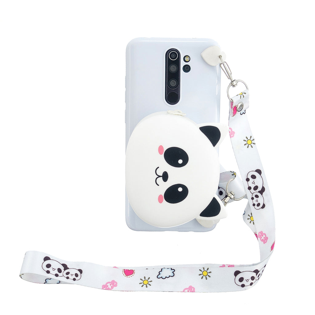 For Redmi Note 8/8T/8 Pro Cellphone Case Mobile Phone Shell Shockproof TPU Cover with Cartoon Cat Pig Panda Coin Purse Lovely Shoulder Starp White