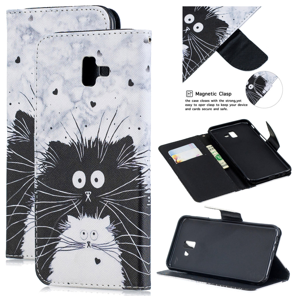 For Samsung J4 Plus/J6 Plus Cartoon Phone Shell Delicate Smartphone Case PU Leather Overall Protective Wallet Design Black white cat