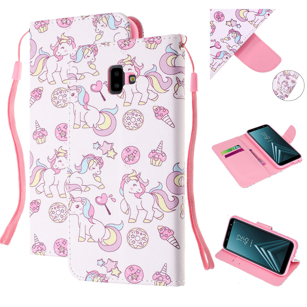 For Samsung J4 Plus/J6 Plus Cartoon Phone Shell Delicate Smartphone Case PU Leather Overall Protective Wallet Design Ice cream unicorn