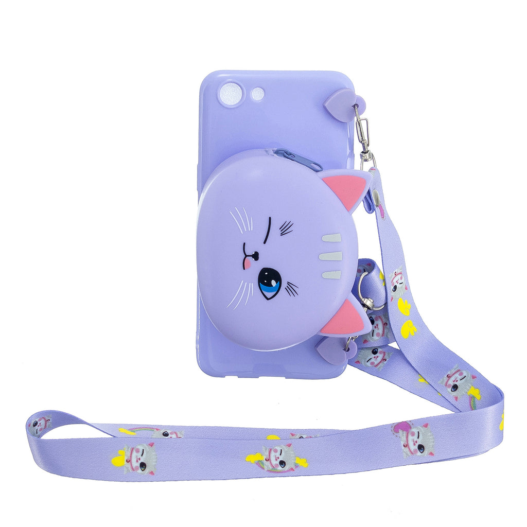 For OPPO A83/A9 2020 Cellphone Case Mobile Phone TPU Shell Shockproof Cover with Cartoon Cat Pig Panda Coin Purse Lovely Shoulder Starp Purple