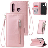 For Huawei Enjoy 9-Y7 2019-Y7 PRIME 2019 with fingerprint hole - Y7 PRO 2019 Solid Color PU Leather Zipper Wallet Double Buckle Protective Case with Stand & Lanyard Rose gold
