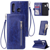 For Huawei Enjoy 9-Y7 2019-Y7 PRIME 2019 with fingerprint hole - Y7 PRO 2019 Solid Color PU Leather Zipper Wallet Double Buckle Protective Case with Stand & Lanyard blue