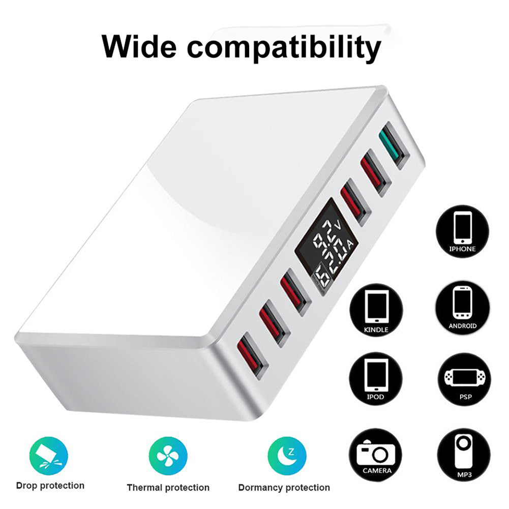 Travel Charger 6-USB Port Digital Display Extended Socket QC 3.0 Fast Charge Station Multi-Port USB Charging Plug UK Plug