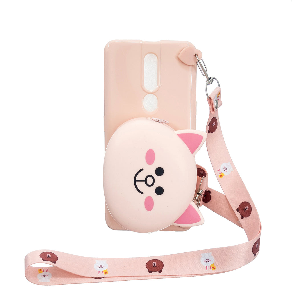 For OPPO F11/F11 Pro Cellphone Case Mobile Phone TPU Shell Shockproof Cover with Cartoon Cat Pig Panda Coin Purse Lovely Shoulder Starp Pink