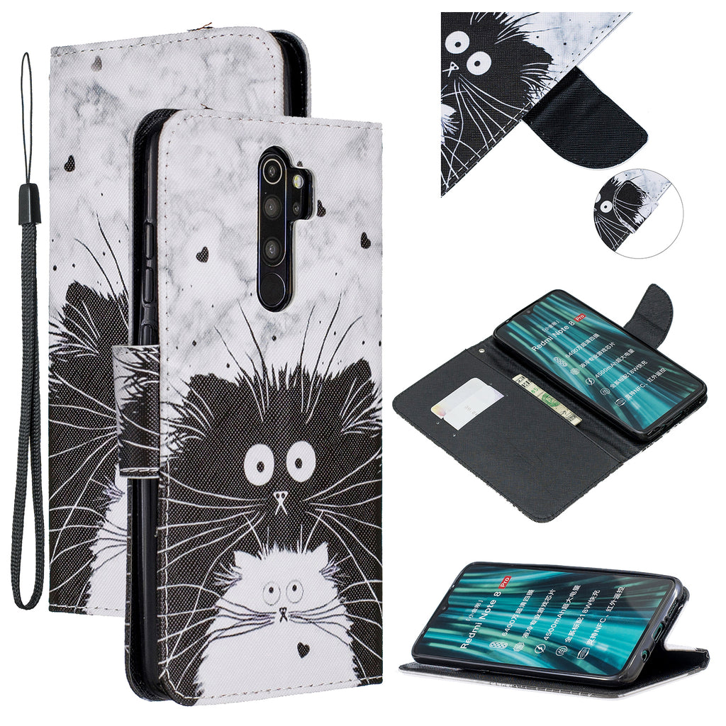 For Redmi Note 8/8 Pro Cellphone Cover Stand Function Wallet Design PU Leather Smartphone Shell Elegant Pattern Printed Black white cat