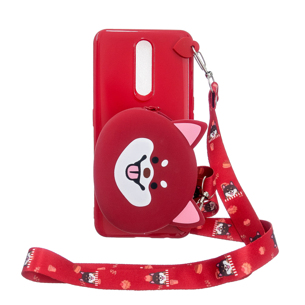 For OPPO F11/F11 Pro Cellphone Case Mobile Phone TPU Shell Shockproof Cover with Cartoon Cat Pig Panda Coin Purse Lovely Shoulder Starp Red