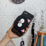 For HUAWEI Y5 2018/Y5 2019 Cellphone Case Mobile Phone Shell Shockproof TPU Cover with Cartoon Cat Pig Panda Coin Purse Lovely Shoulder Starp  Black
